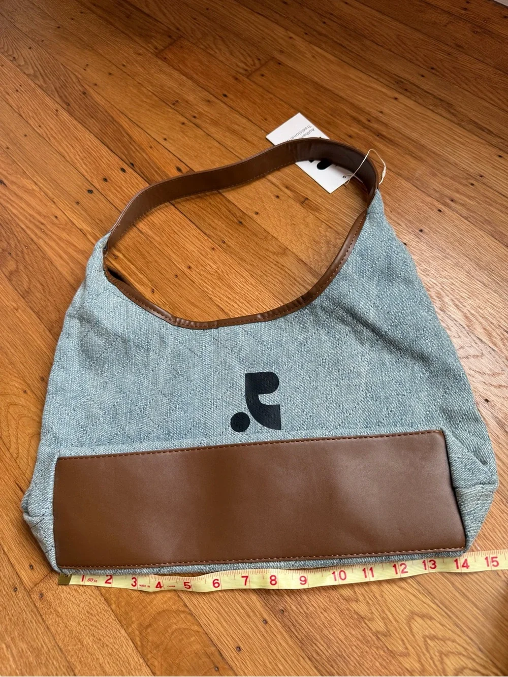 Quilted Light Blue Shoulder Bag with Brown Trim
